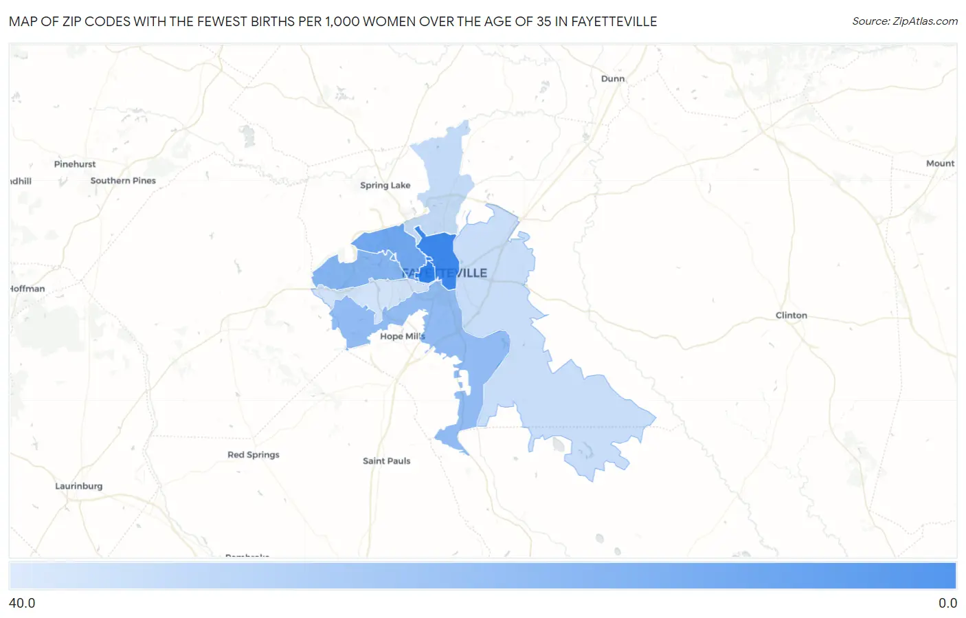 Zip Codes with the Fewest Births per 1,000 Women Over the Age of 35 in Fayetteville Map