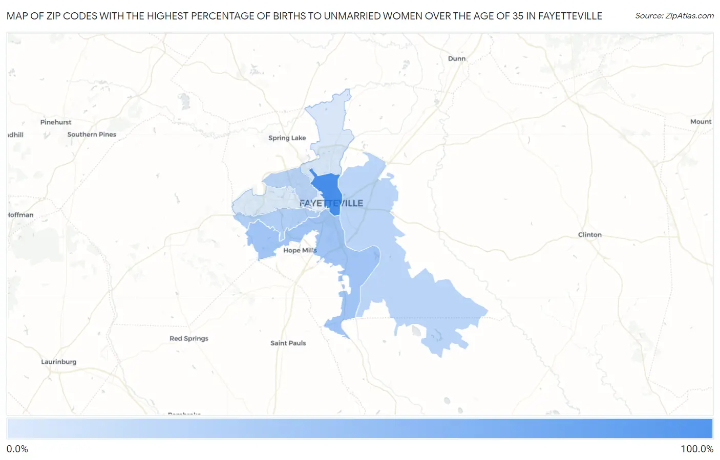 Zip Codes with the Highest Percentage of Births to Unmarried Women over the Age of 35 in Fayetteville Map