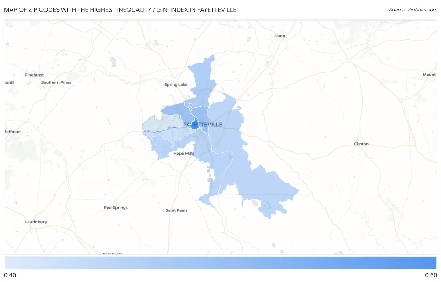 Zip Codes with the Highest Inequality / Gini Index in Fayetteville Map