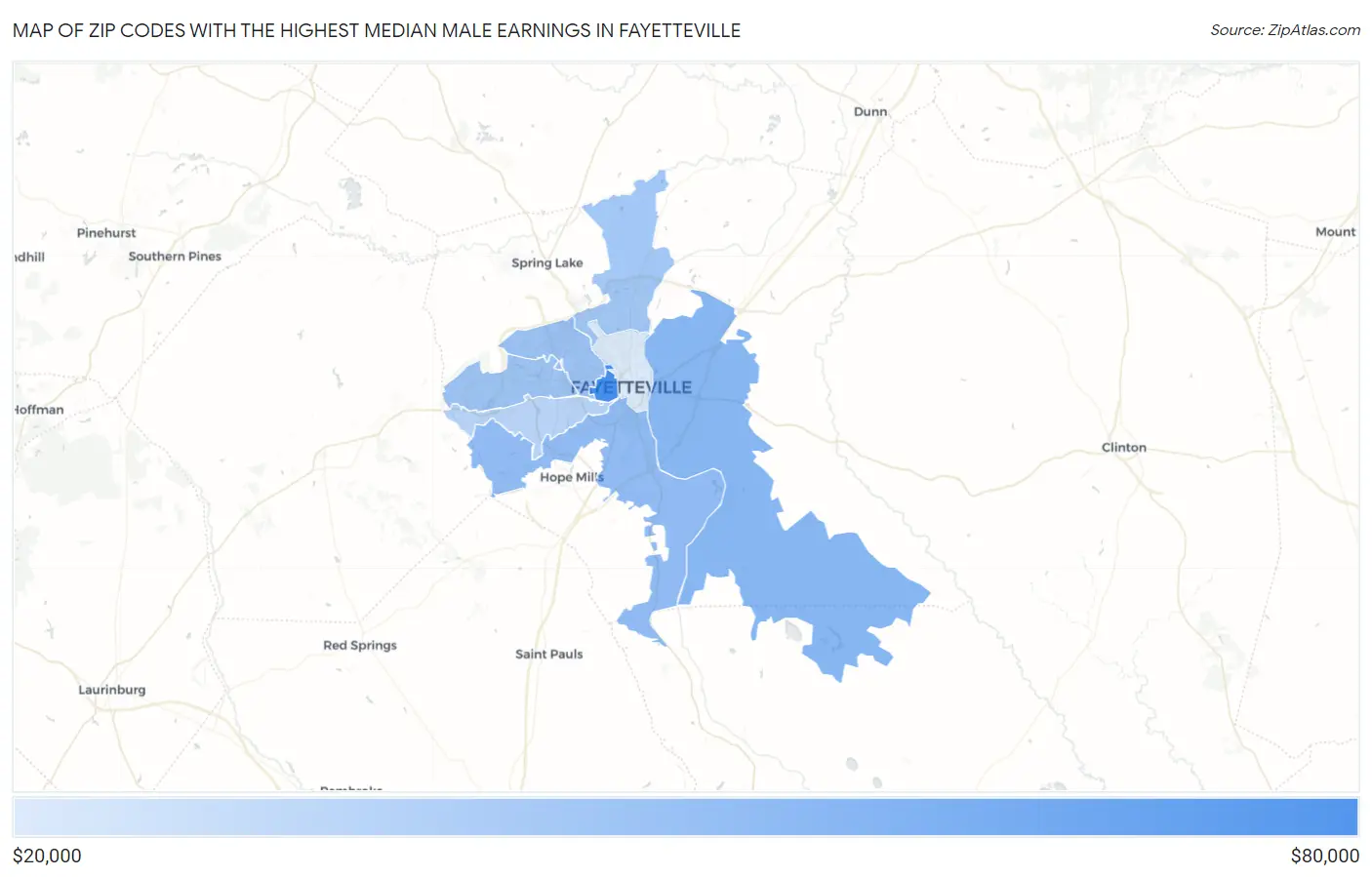 Zip Codes with the Highest Median Male Earnings in Fayetteville Map
