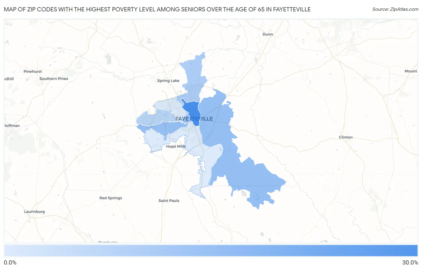 Zip Codes with the Highest Poverty Level Among Seniors Over the Age of 65 in Fayetteville Map