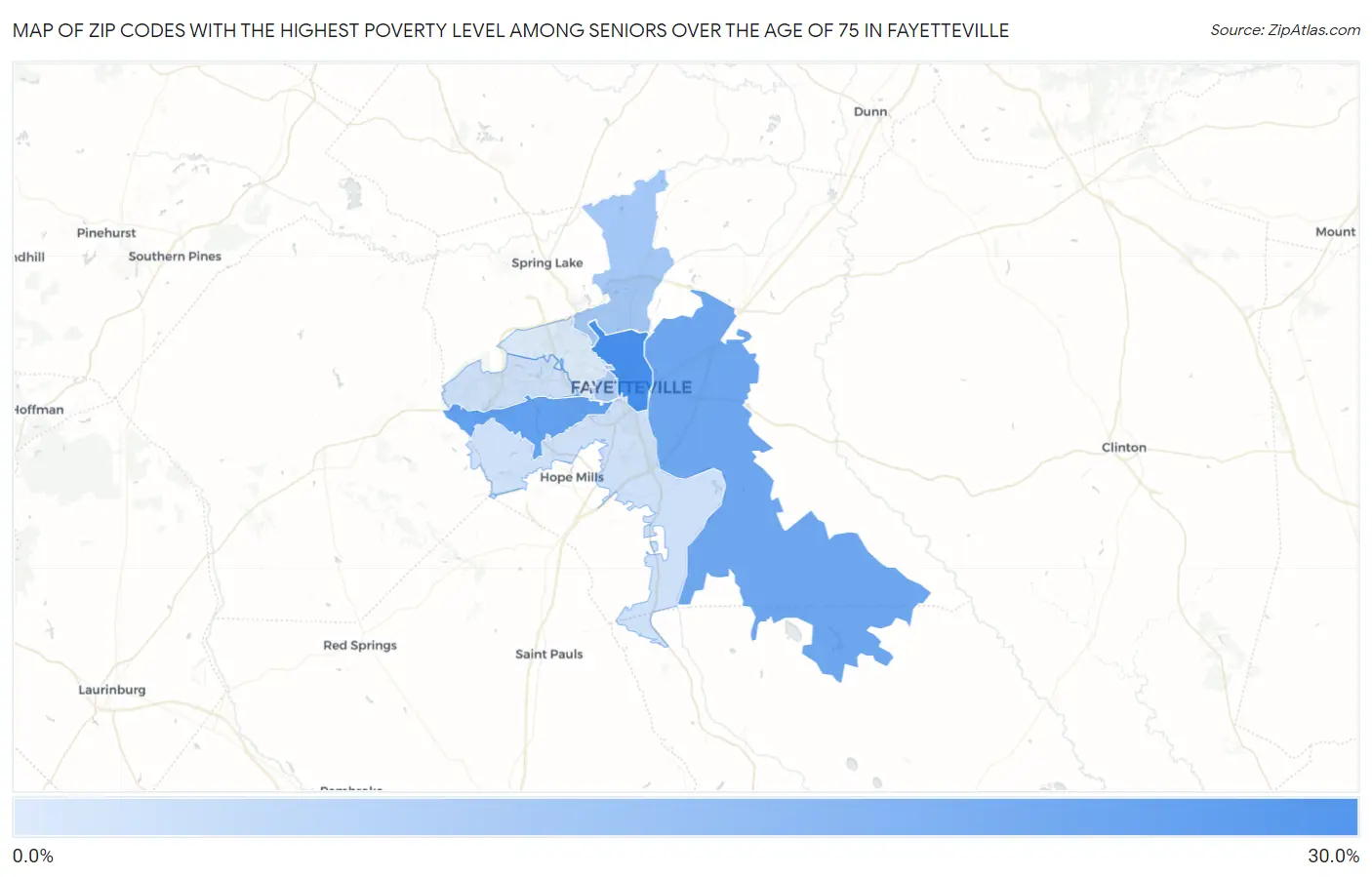 Zip Codes with the Highest Poverty Level Among Seniors Over the Age of 75 in Fayetteville Map
