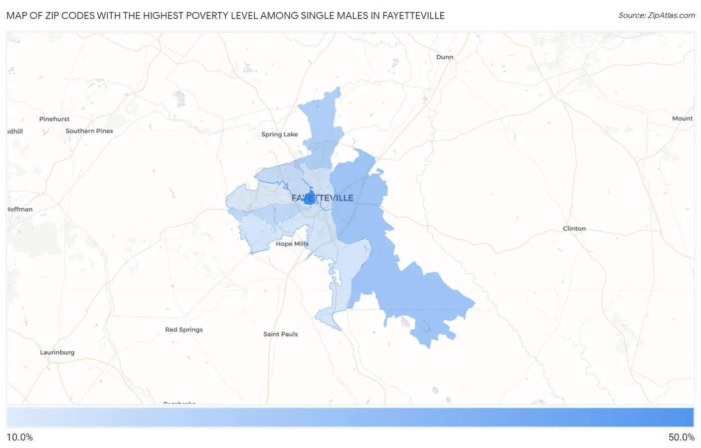 Zip Codes with the Highest Poverty Level Among Single Males in Fayetteville Map