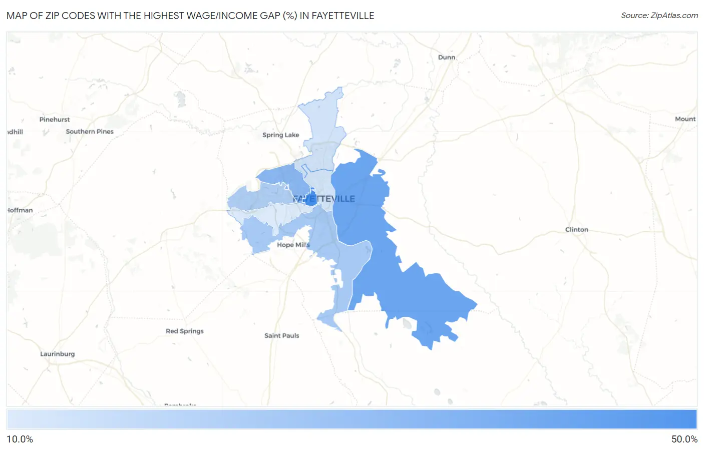 Zip Codes with the Highest Wage/Income Gap (%) in Fayetteville Map