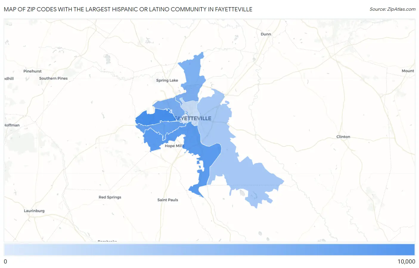 Zip Codes with the Largest Hispanic or Latino Community in Fayetteville Map