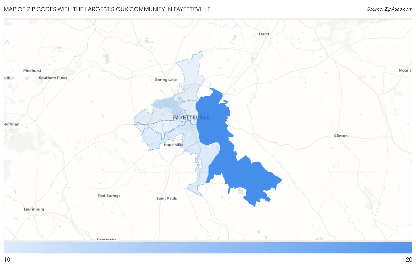 Zip Codes with the Largest Sioux Community in Fayetteville Map
