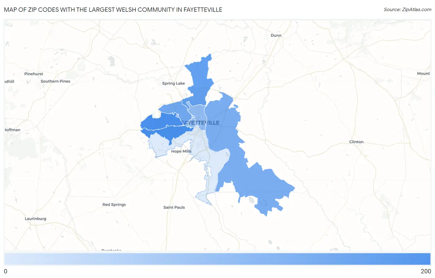 Zip Codes with the Largest Welsh Community in Fayetteville Map