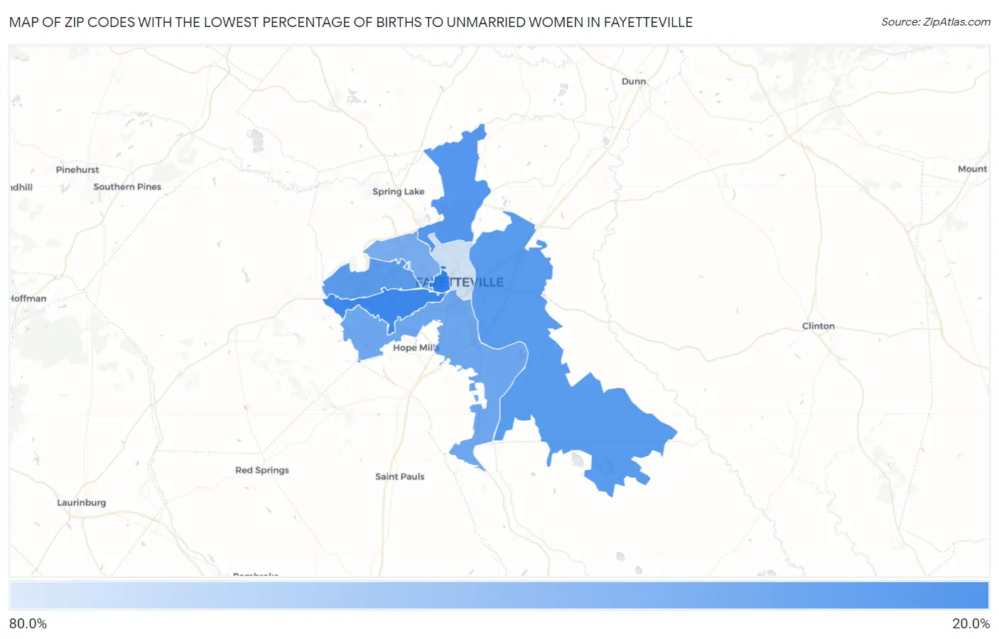 Zip Codes with the Lowest Percentage of Births to Unmarried Women in Fayetteville Map