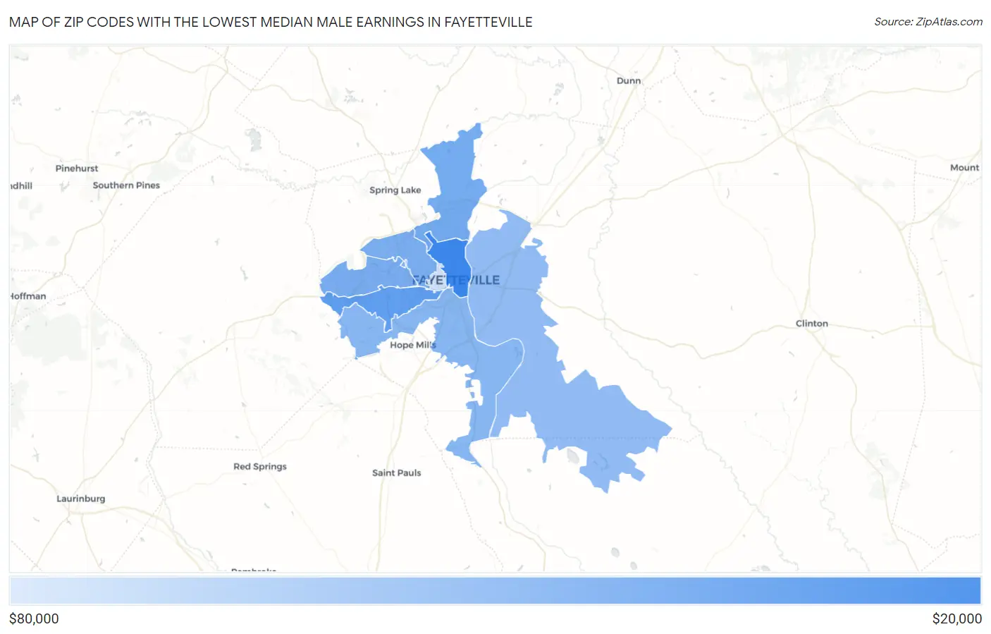 Zip Codes with the Lowest Median Male Earnings in Fayetteville Map