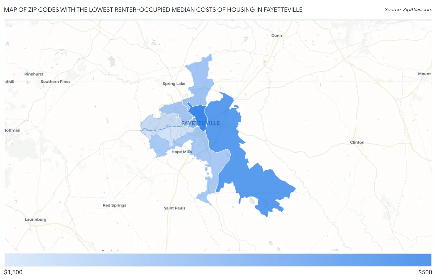 Zip Codes with the Lowest Renter-Occupied Median Costs of Housing in Fayetteville Map