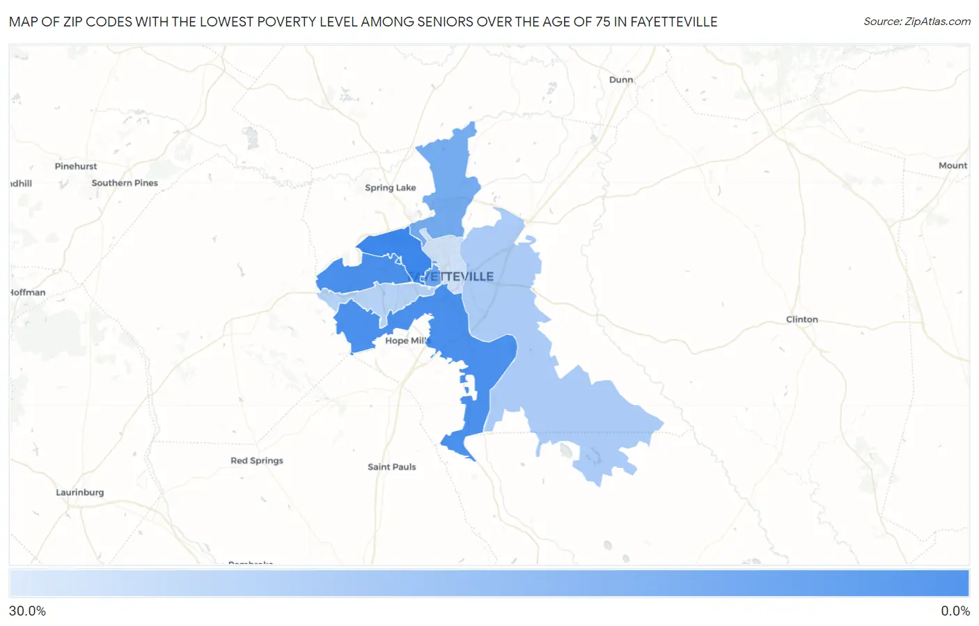 Zip Codes with the Lowest Poverty Level Among Seniors Over the Age of 75 in Fayetteville Map
