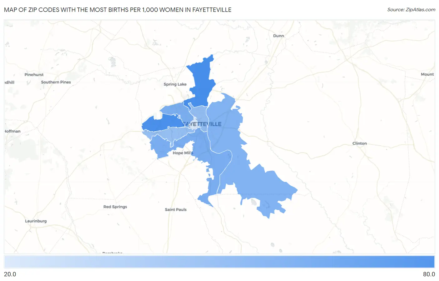 Zip Codes with the Most Births per 1,000 Women in Fayetteville Map