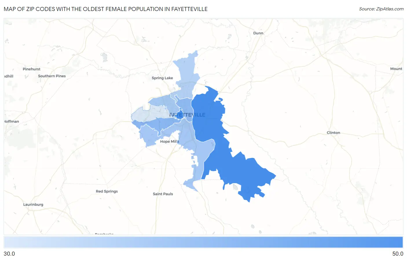 Zip Codes with the Oldest Female Population in Fayetteville Map