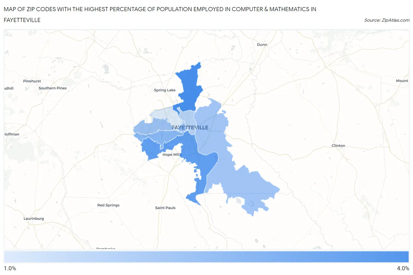 Zip Codes with the Highest Percentage of Population Employed in Computer & Mathematics in Fayetteville Map