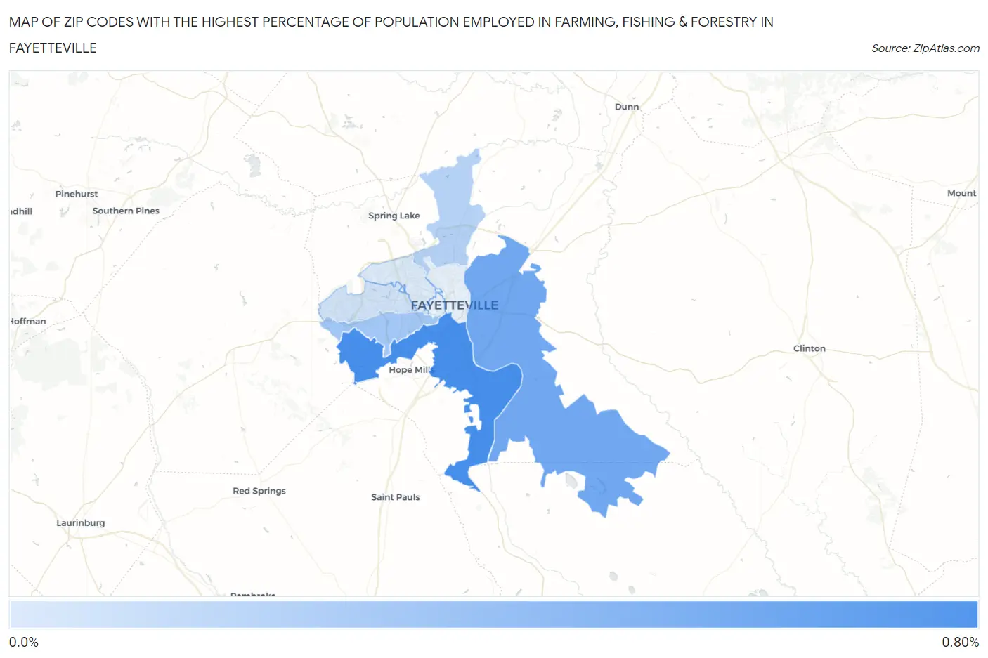 Zip Codes with the Highest Percentage of Population Employed in Farming, Fishing & Forestry in Fayetteville Map