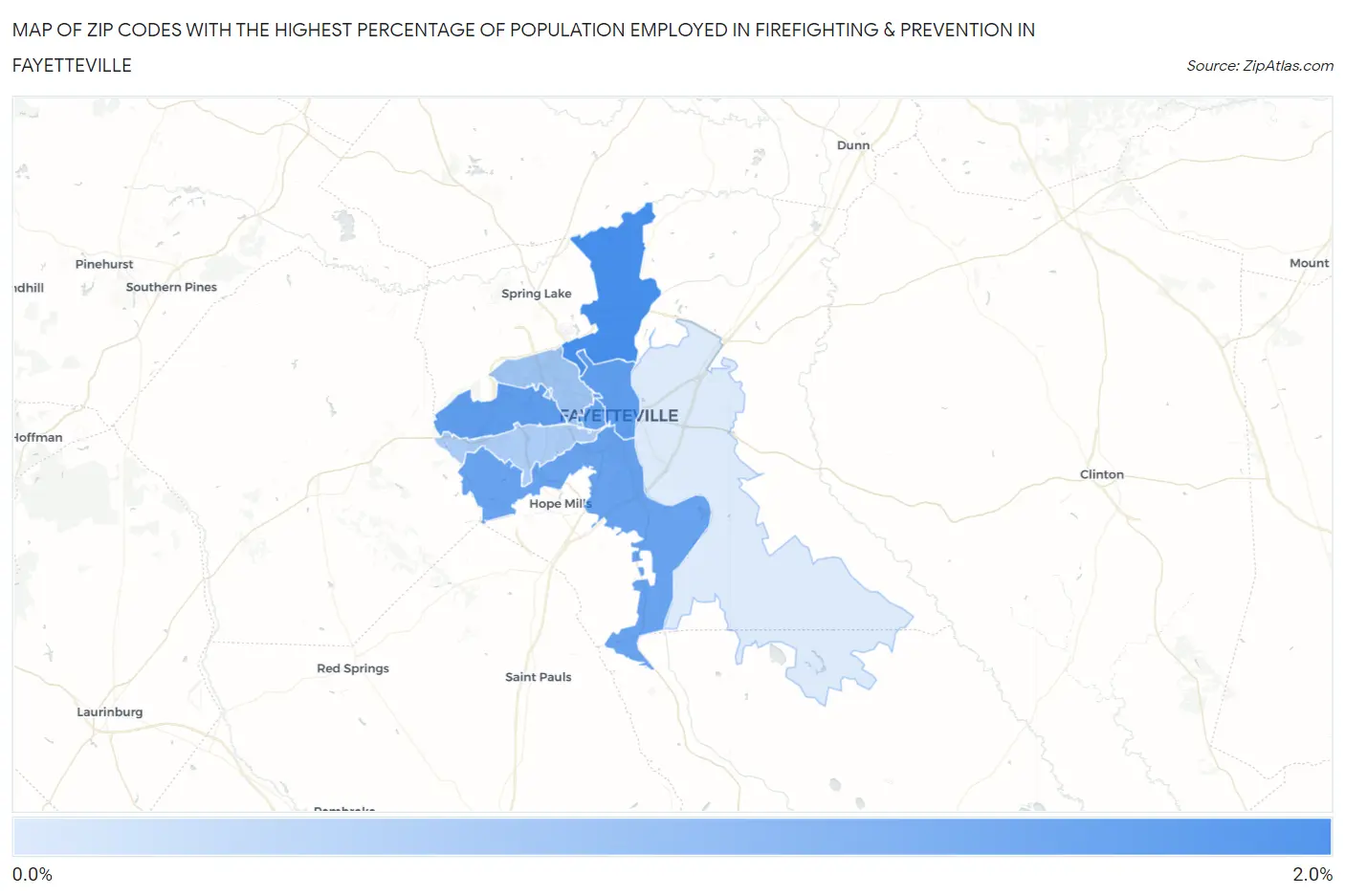 Zip Codes with the Highest Percentage of Population Employed in Firefighting & Prevention in Fayetteville Map