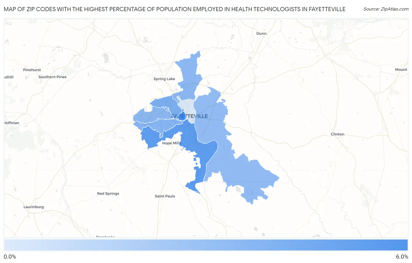 Zip Codes with the Highest Percentage of Population Employed in Health Technologists in Fayetteville Map