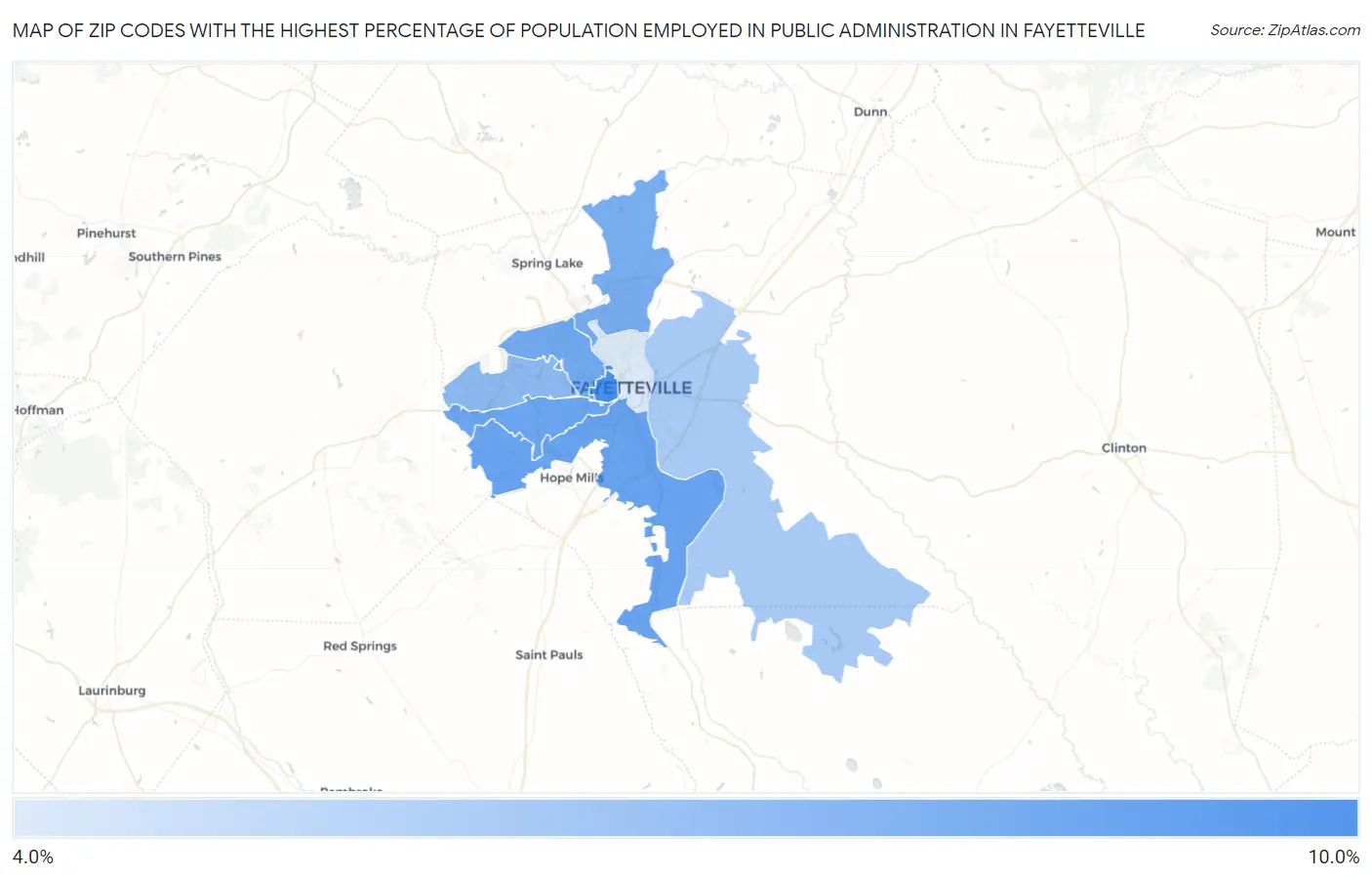 Zip Codes with the Highest Percentage of Population Employed in Public Administration in Fayetteville Map