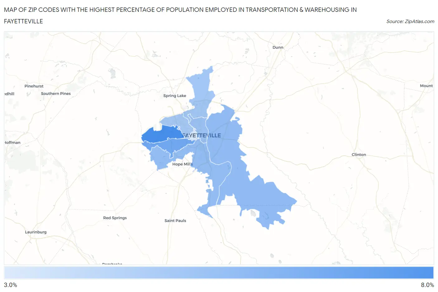 Zip Codes with the Highest Percentage of Population Employed in Transportation & Warehousing in Fayetteville Map