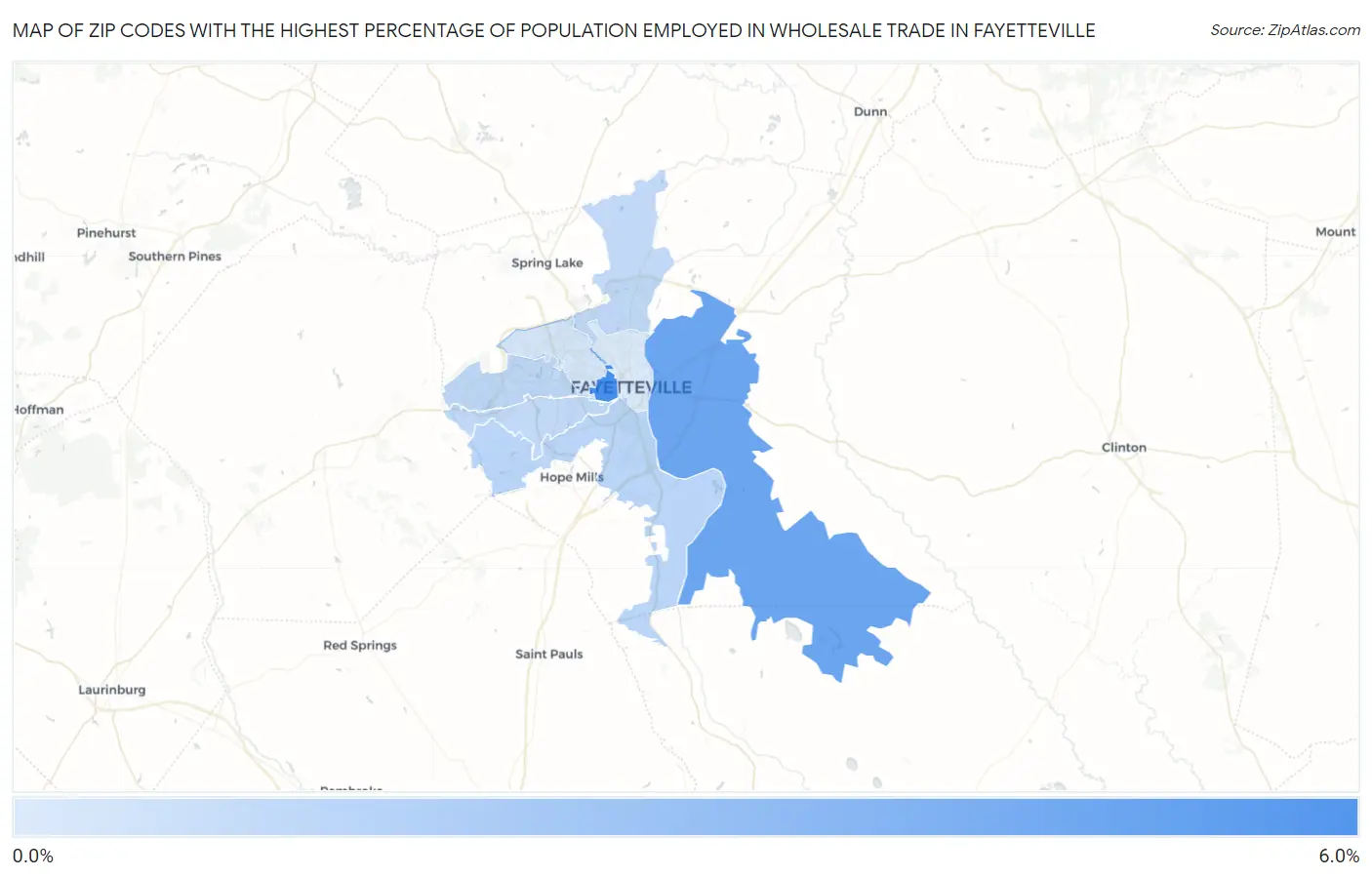 Zip Codes with the Highest Percentage of Population Employed in Wholesale Trade in Fayetteville Map