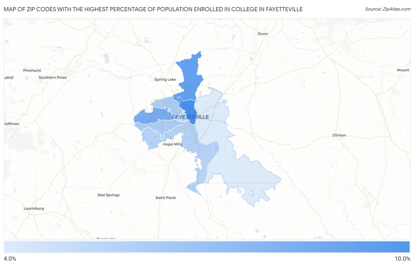 Zip Codes with the Highest Percentage of Population Enrolled in College in Fayetteville Map