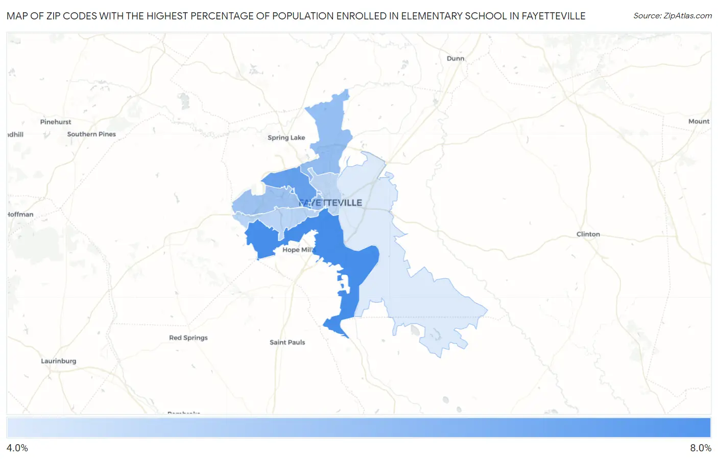 Zip Codes with the Highest Percentage of Population Enrolled in Elementary School in Fayetteville Map