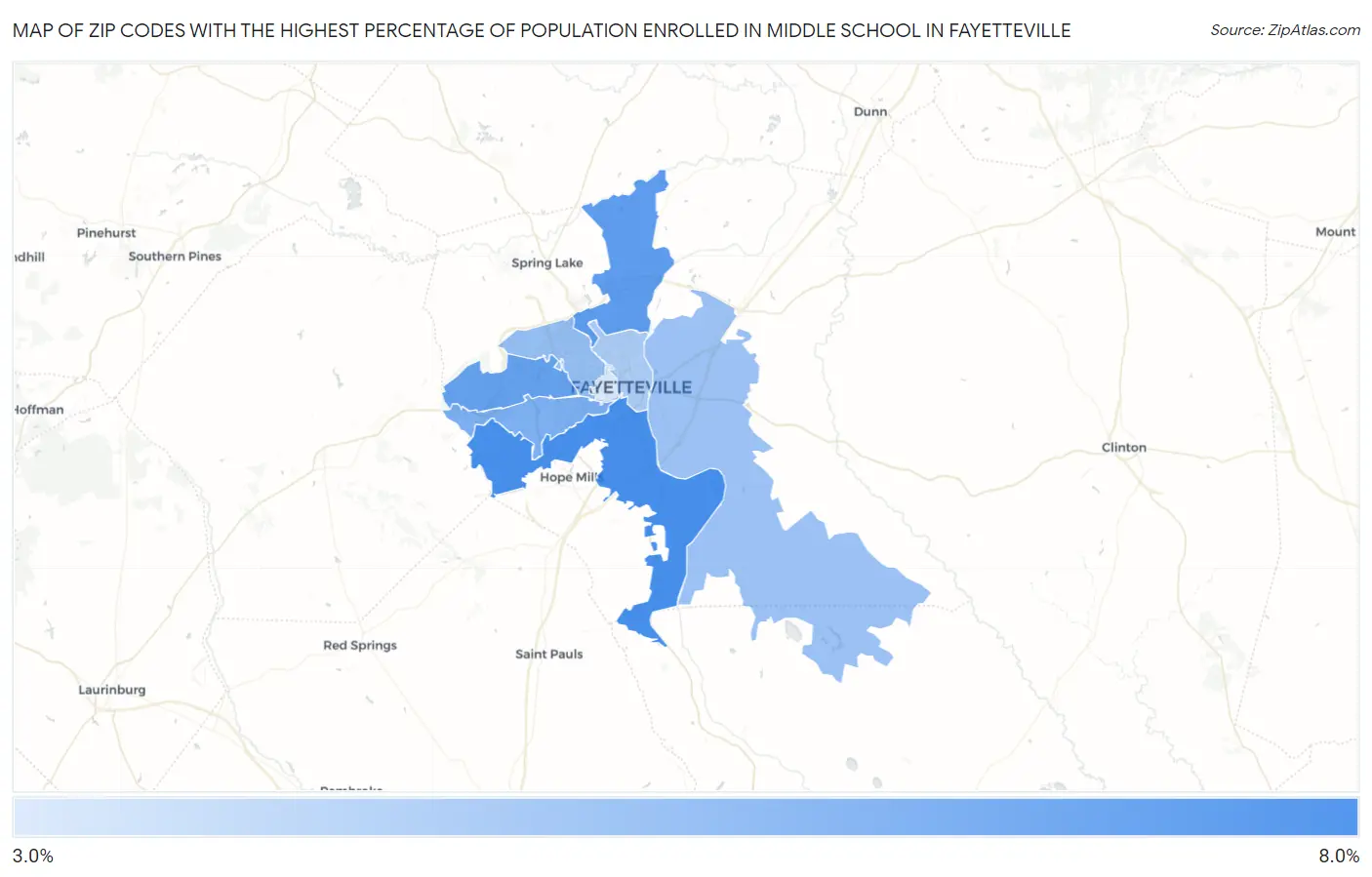 Zip Codes with the Highest Percentage of Population Enrolled in Middle School in Fayetteville Map
