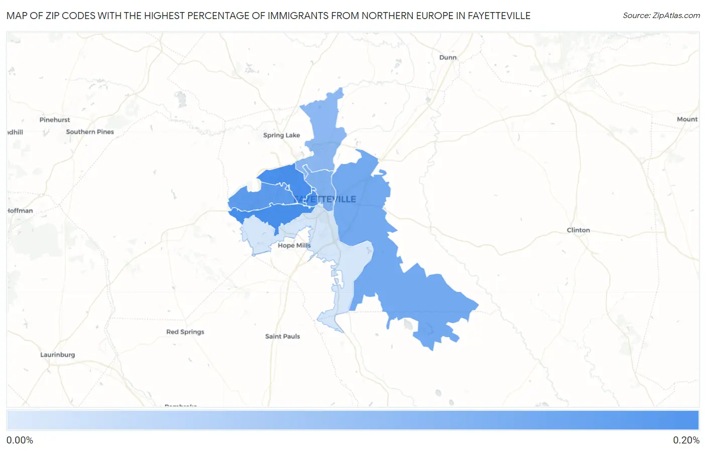 Zip Codes with the Highest Percentage of Immigrants from Northern Europe in Fayetteville Map