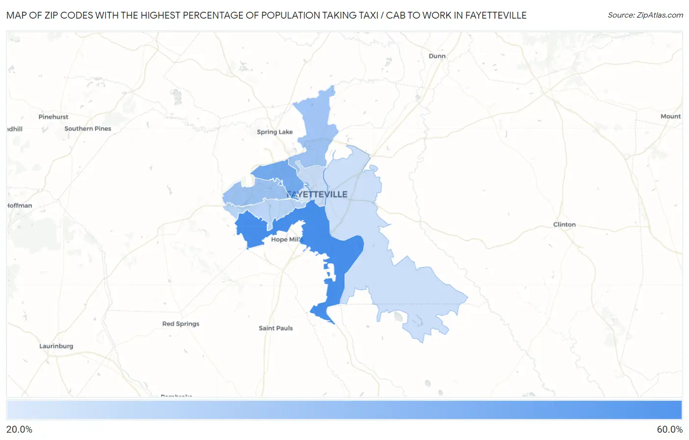 Zip Codes with the Highest Percentage of Population Taking Taxi / Cab to Work in Fayetteville Map