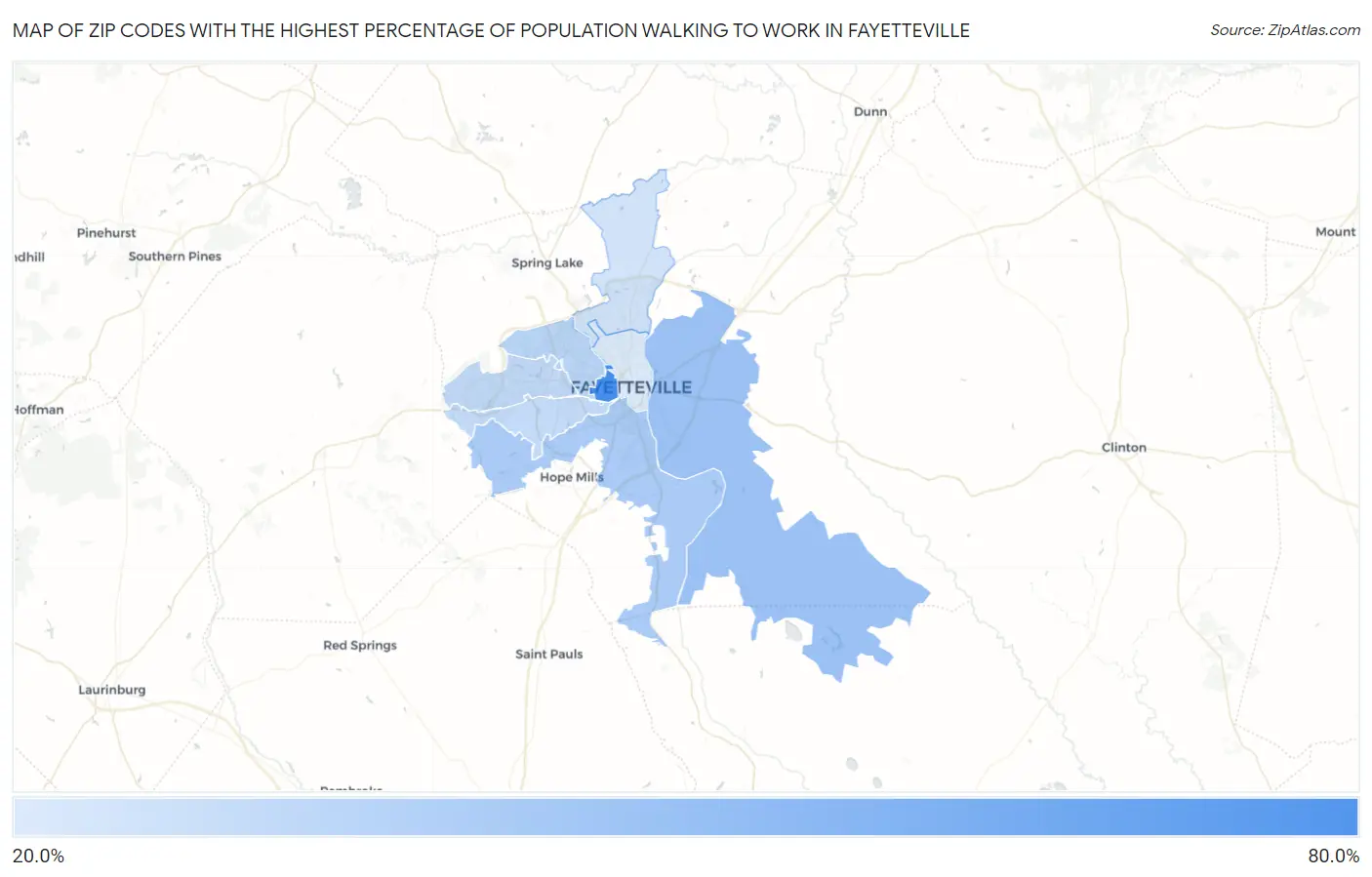 Zip Codes with the Highest Percentage of Population Walking to Work in Fayetteville Map