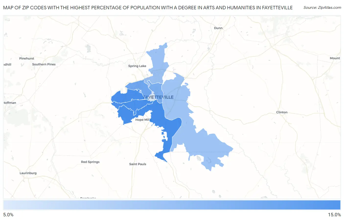 Zip Codes with the Highest Percentage of Population with a Degree in Arts and Humanities in Fayetteville Map
