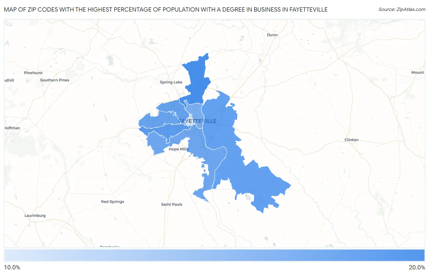 Zip Codes with the Highest Percentage of Population with a Degree in Business in Fayetteville Map