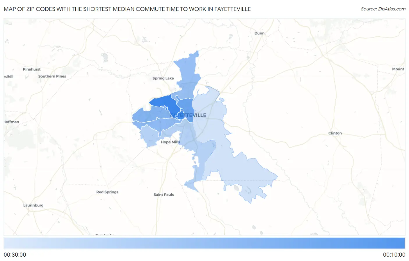 Zip Codes with the Shortest Median Commute Time to Work in Fayetteville Map