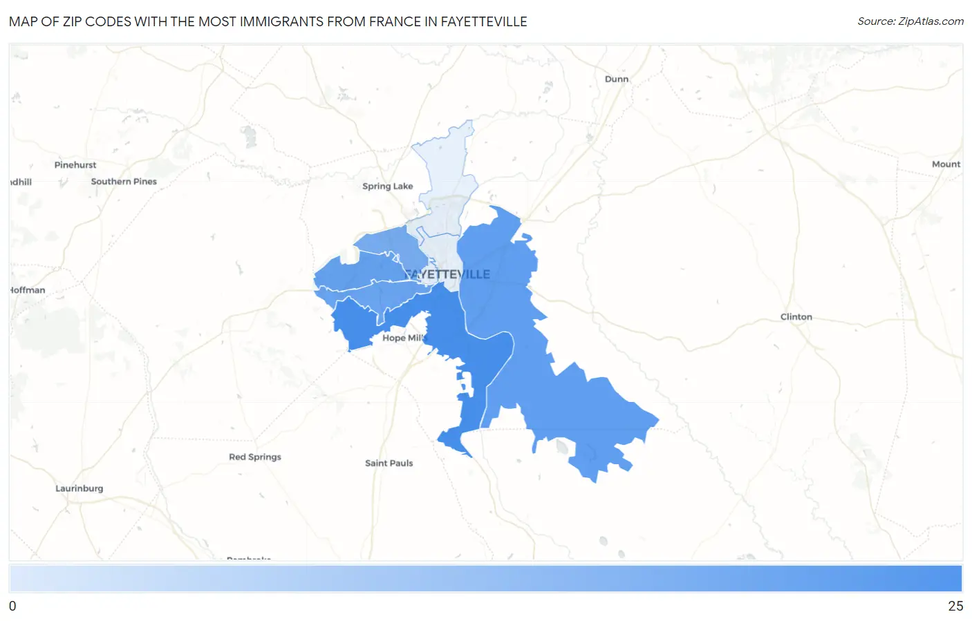 Zip Codes with the Most Immigrants from France in Fayetteville Map
