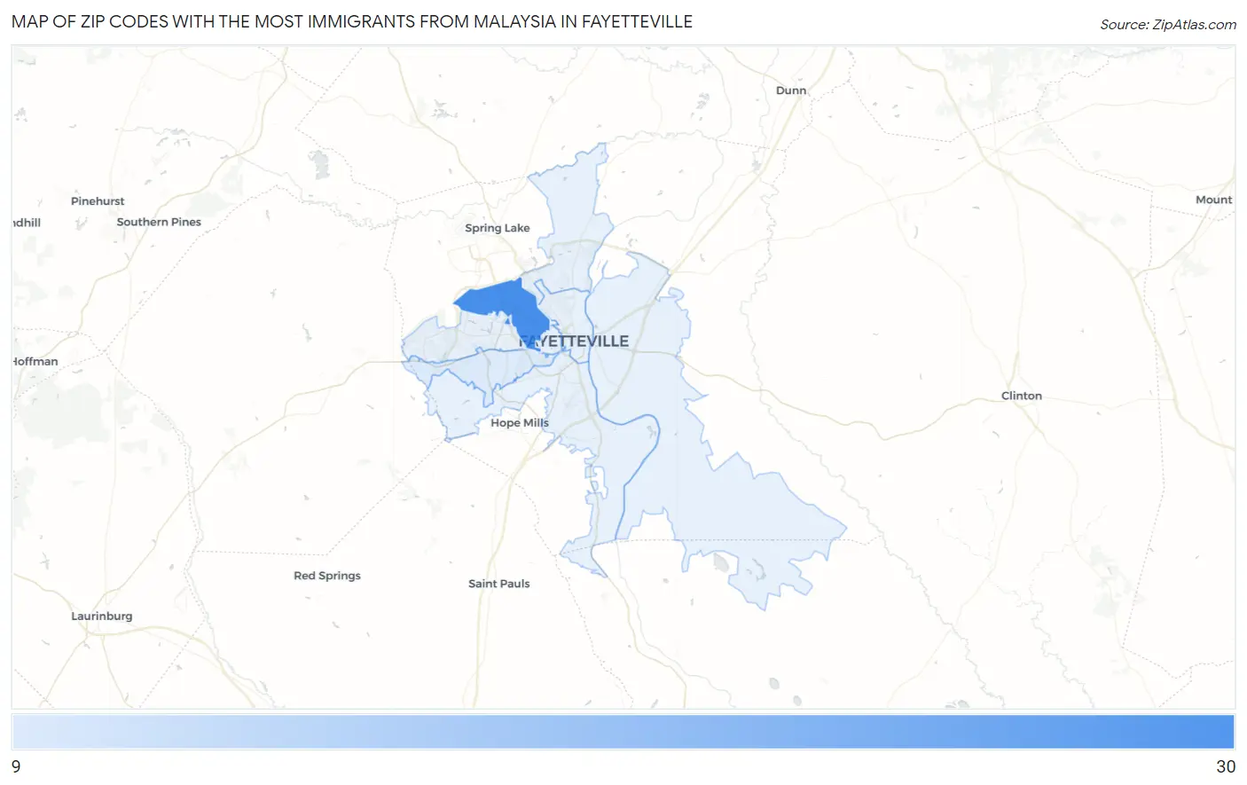 Zip Codes with the Most Immigrants from Malaysia in Fayetteville Map