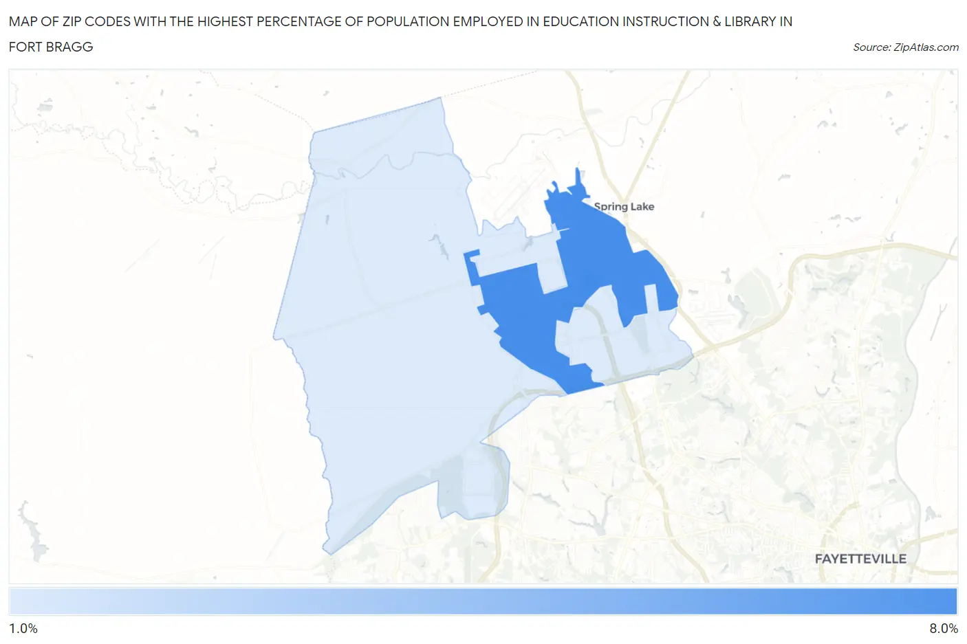 Zip Codes with the Highest Percentage of Population Employed in Education Instruction & Library in Fort Bragg Map
