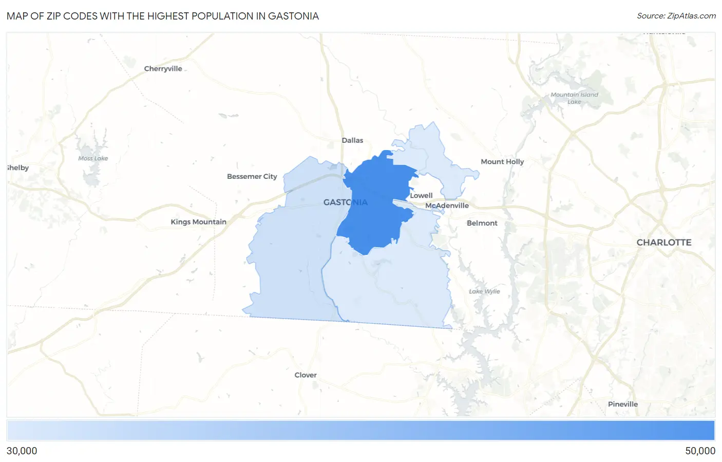 Zip Codes with the Highest Population in Gastonia Map
