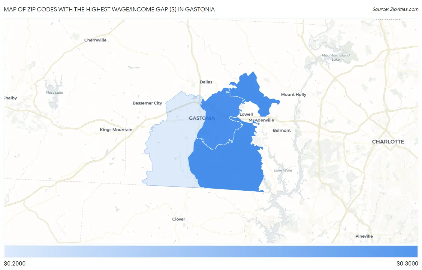 Zip Codes with the Highest Wage/Income Gap ($) in Gastonia Map