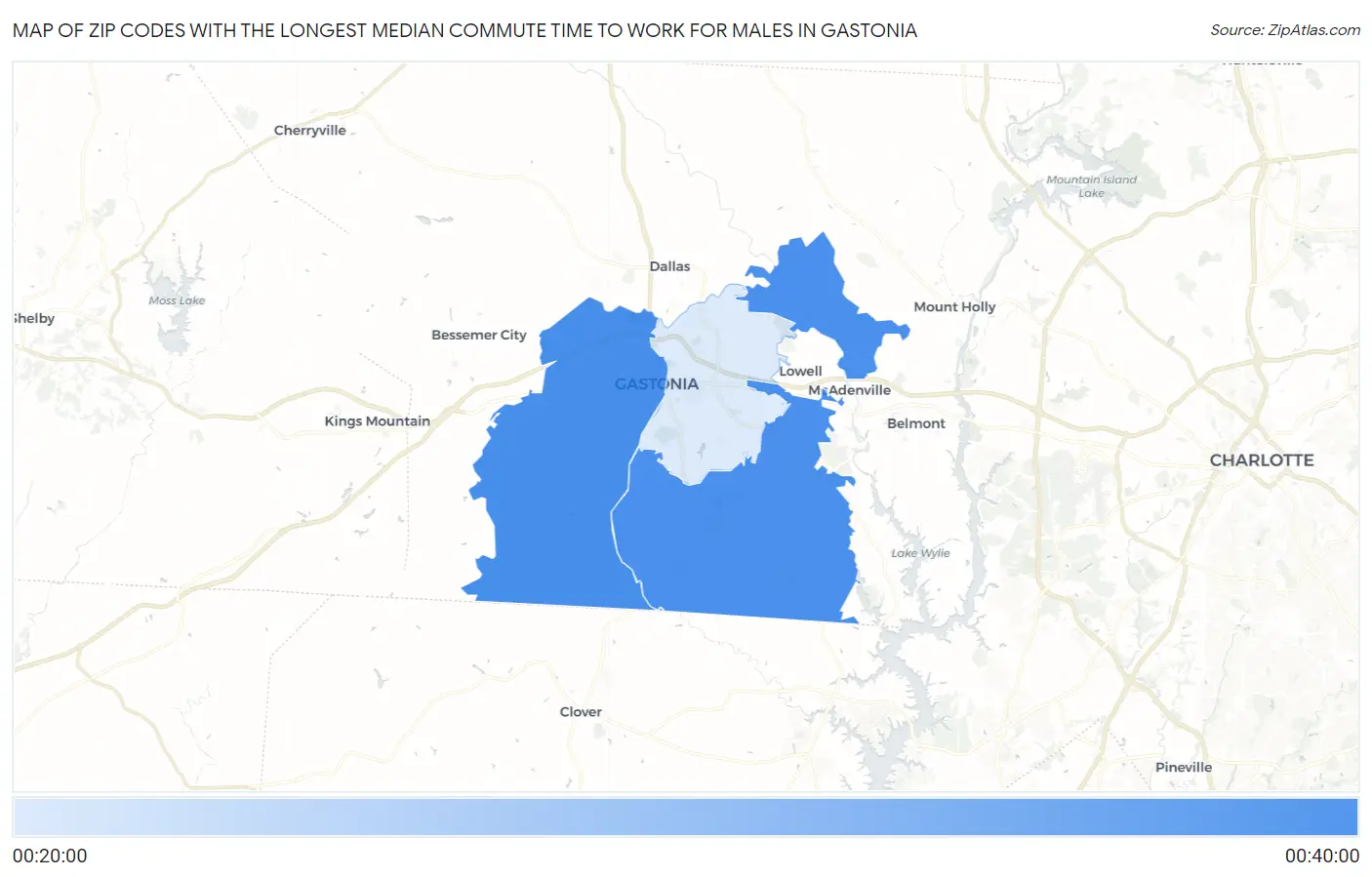 Zip Codes with the Longest Median Commute Time to Work for Males in Gastonia Map