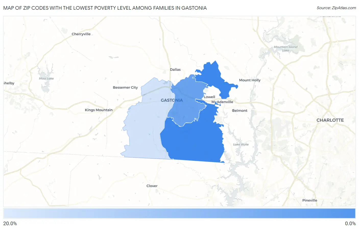 Zip Codes with the Lowest Poverty Level Among Families in Gastonia Map