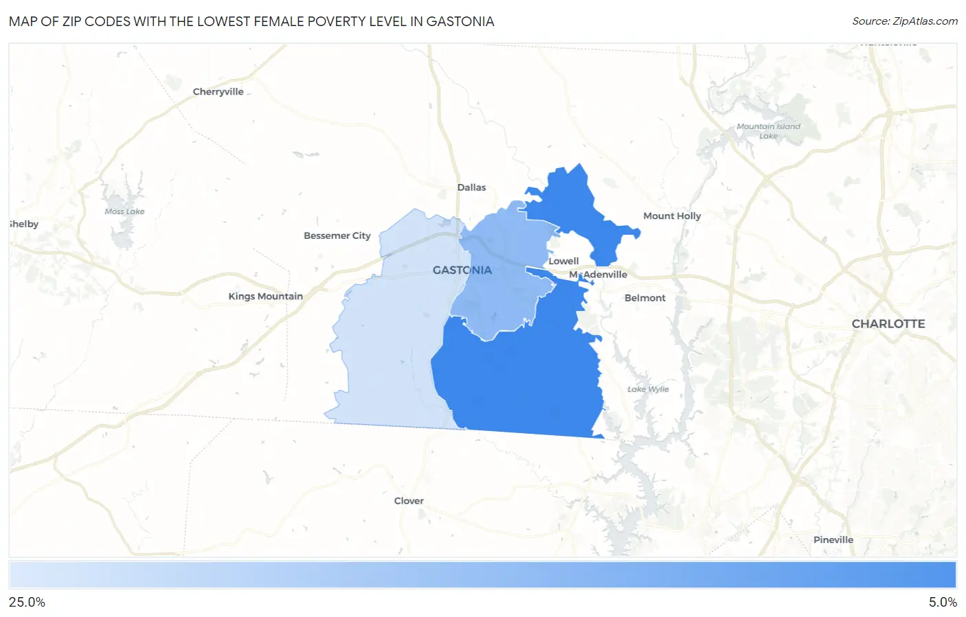 Zip Codes with the Lowest Female Poverty Level in Gastonia Map