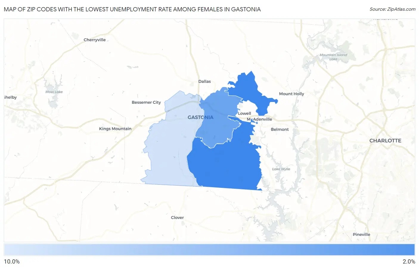 Zip Codes with the Lowest Unemployment Rate Among Females in Gastonia Map