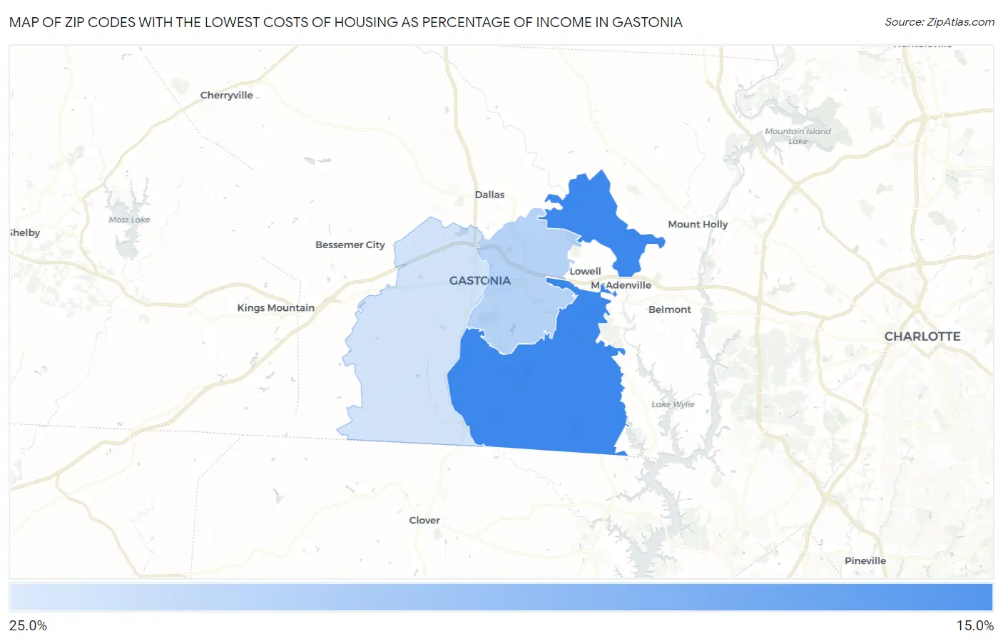 Zip Codes with the Lowest Costs of Housing as Percentage of Income in Gastonia Map