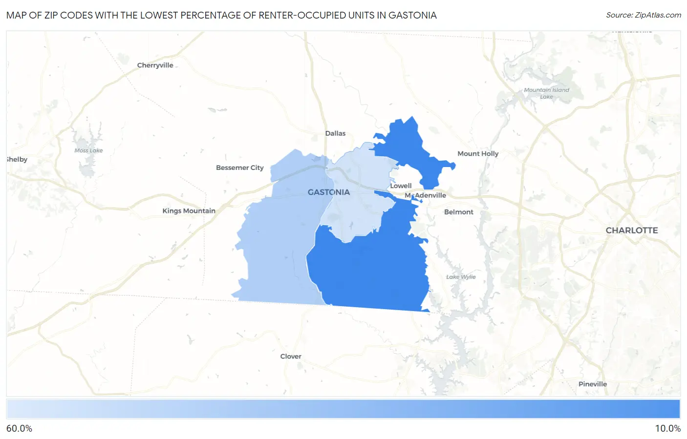 Zip Codes with the Lowest Percentage of Renter-Occupied Units in Gastonia Map