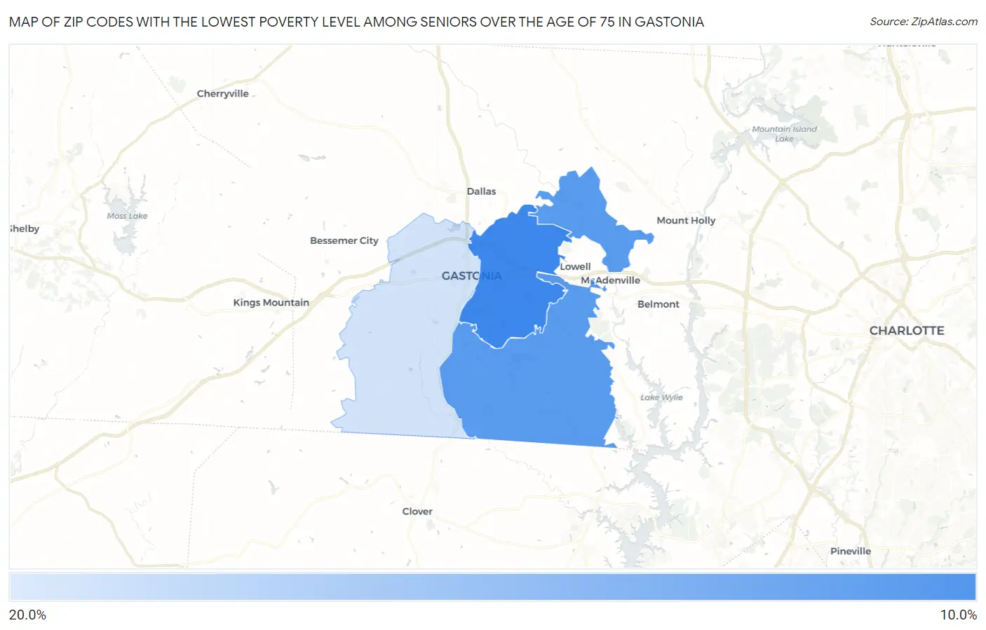 Zip Codes with the Lowest Poverty Level Among Seniors Over the Age of 75 in Gastonia Map