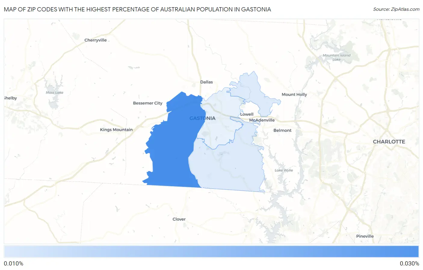 Zip Codes with the Highest Percentage of Australian Population in Gastonia Map