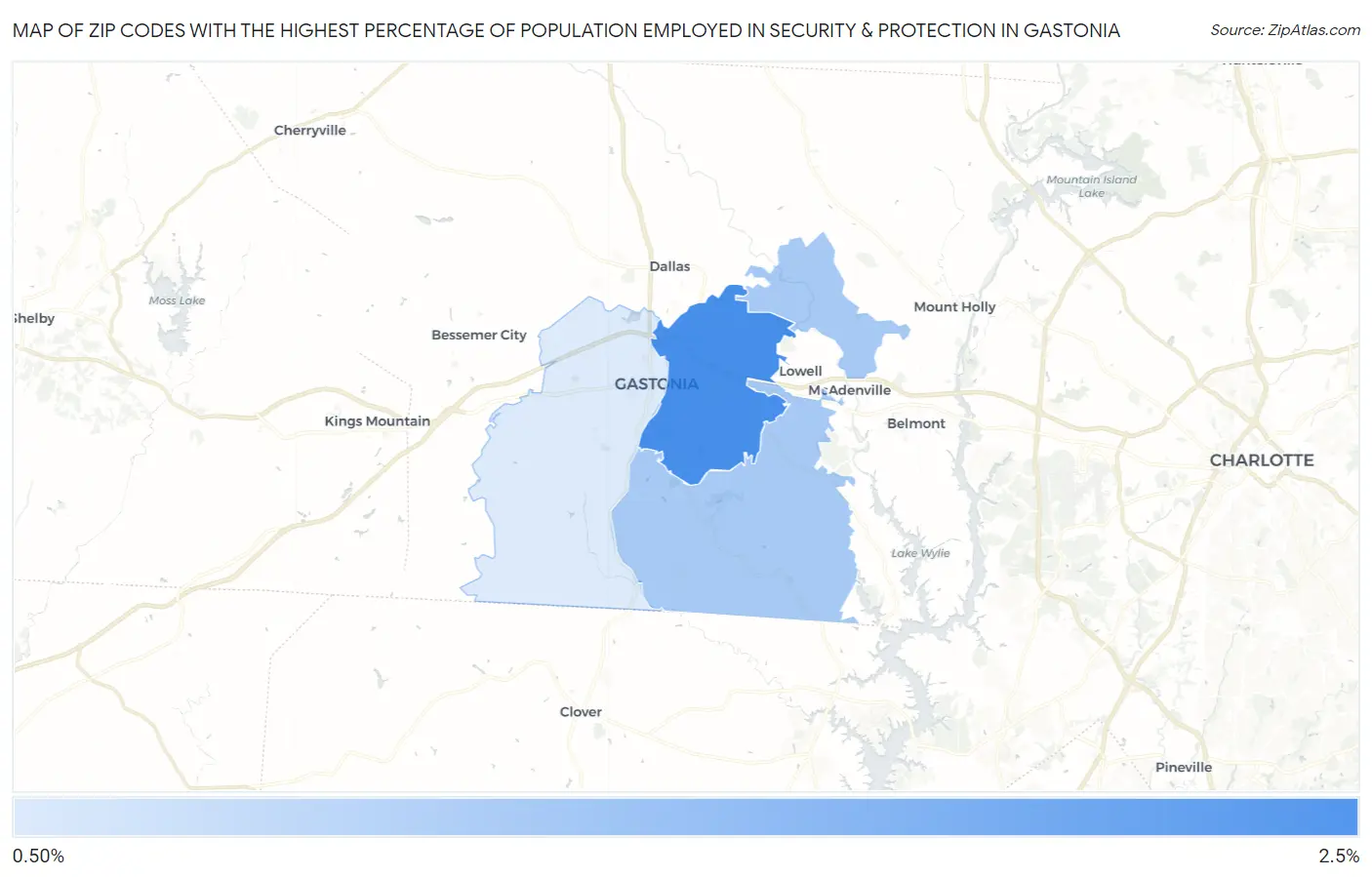 Zip Codes with the Highest Percentage of Population Employed in Security & Protection in Gastonia Map