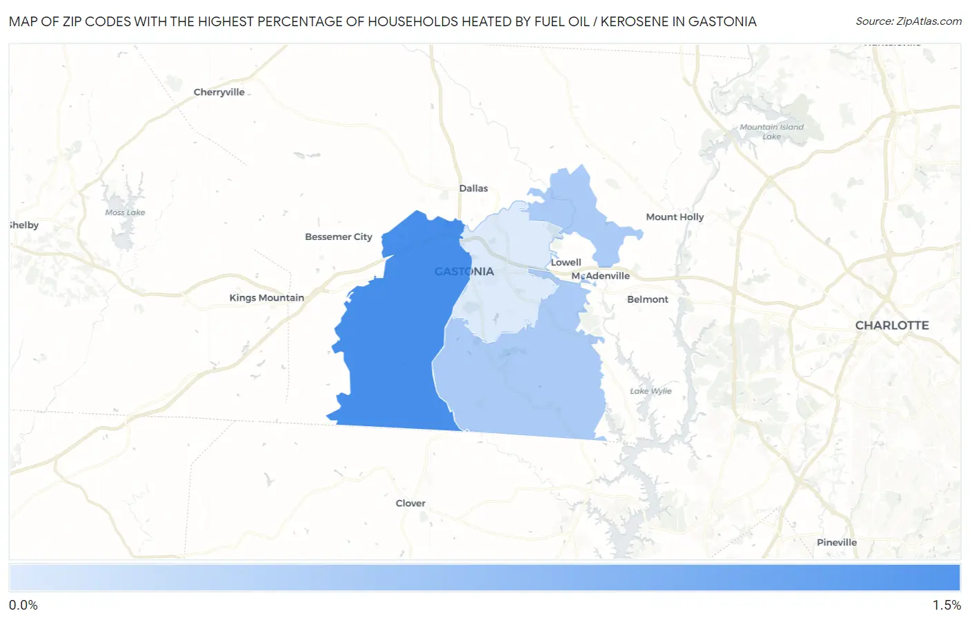 Zip Codes with the Highest Percentage of Households Heated by Fuel Oil / Kerosene in Gastonia Map