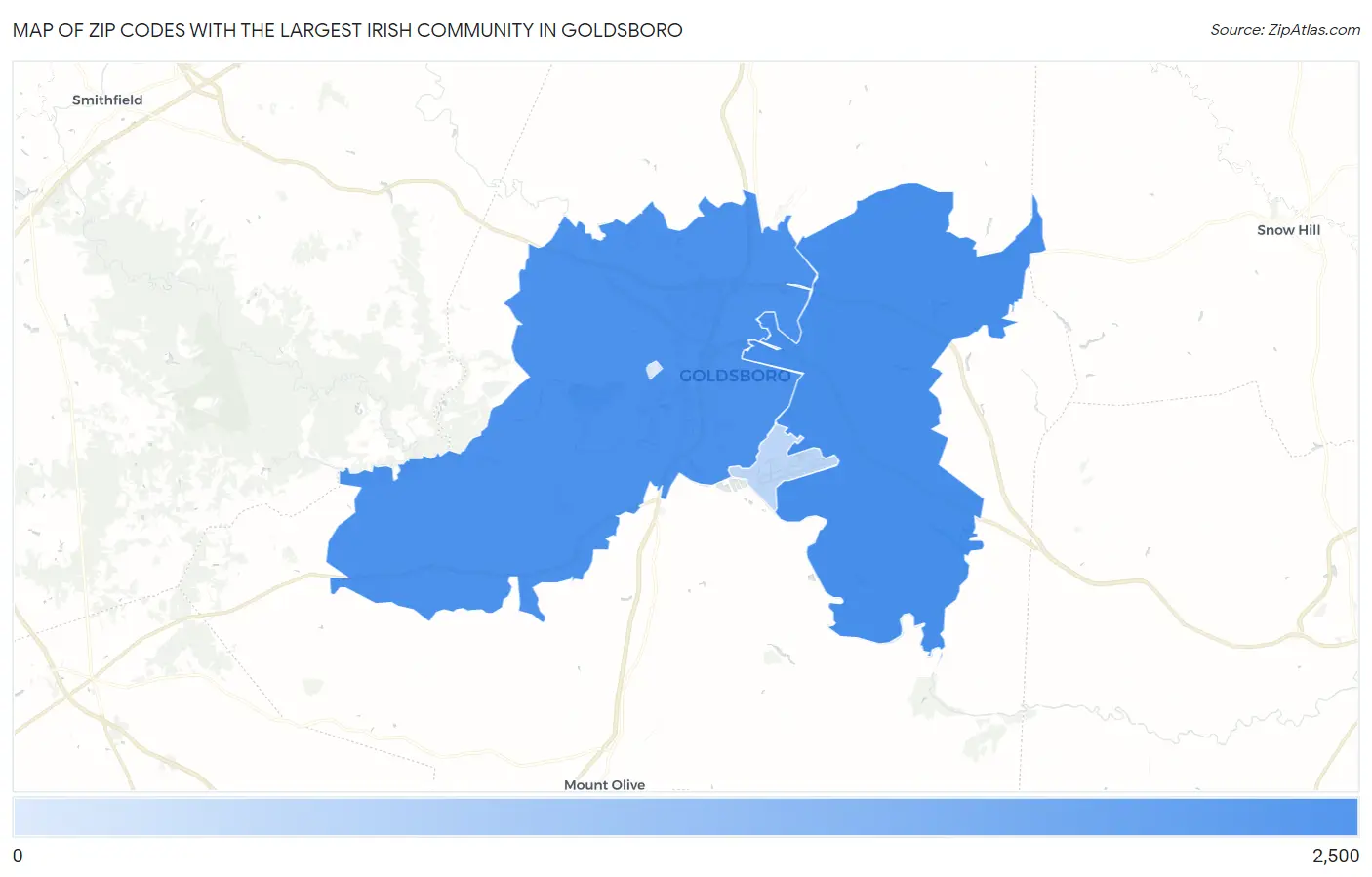 Zip Codes with the Largest Irish Community in Goldsboro Map