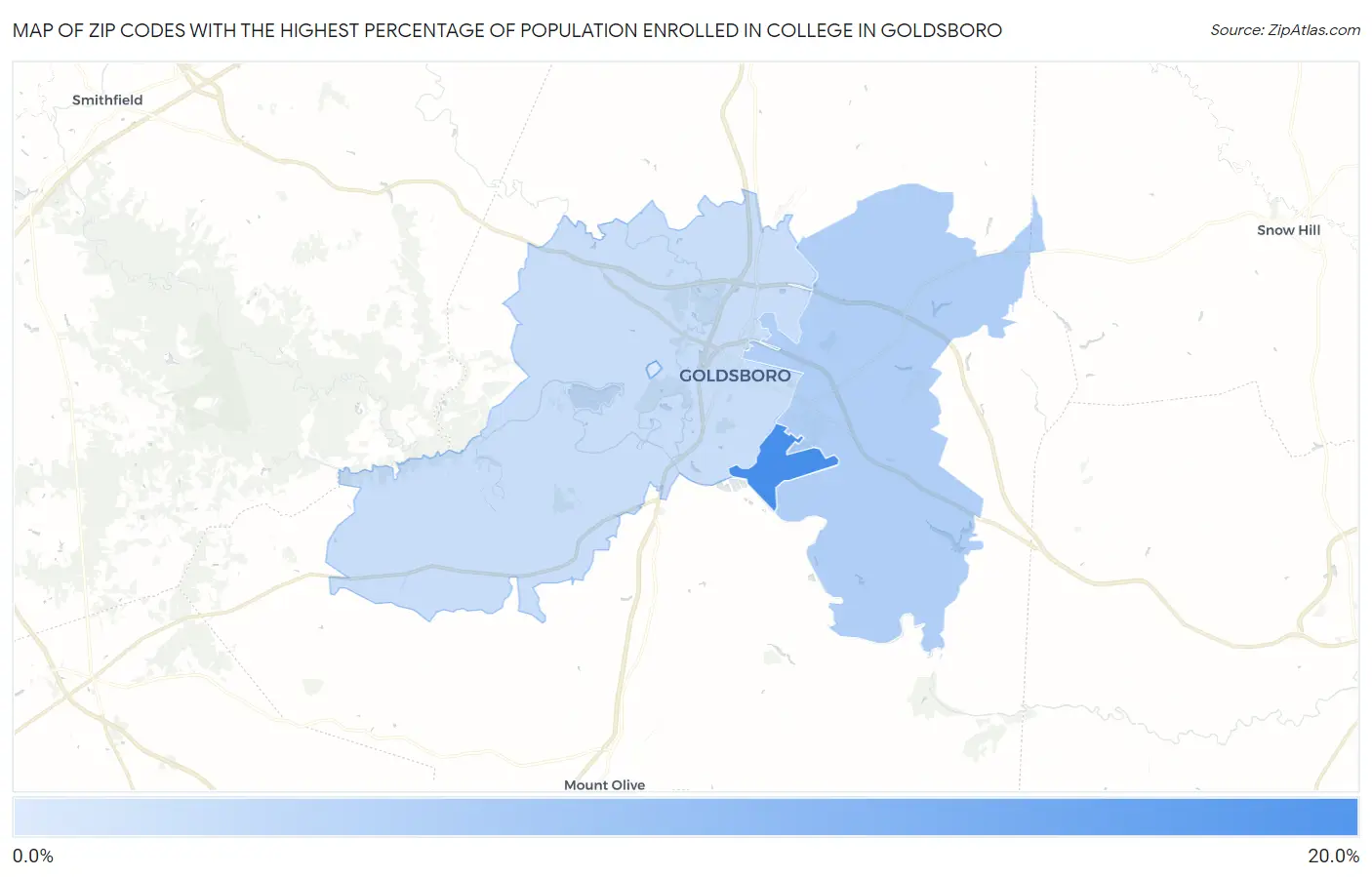 Zip Codes with the Highest Percentage of Population Enrolled in College in Goldsboro Map